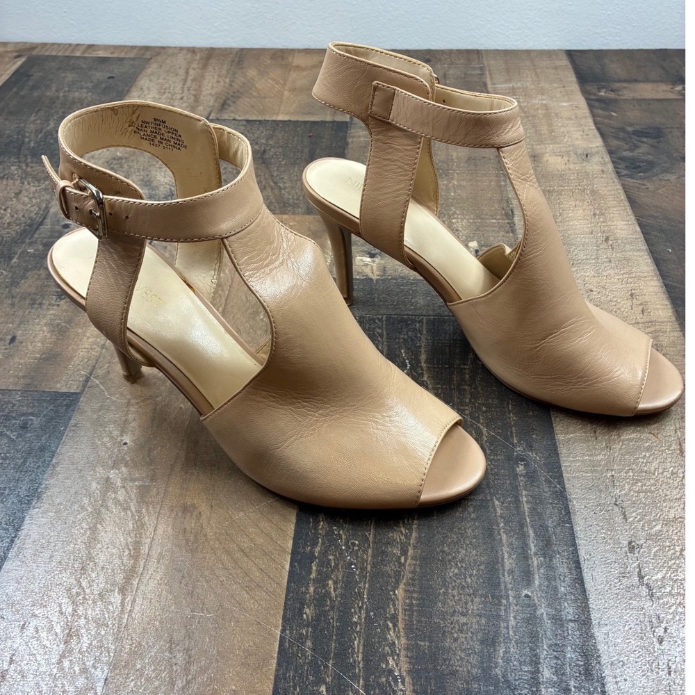 Nine West Infusion Heels Women 9.5M Tan Leather Peep Toe Booties Ankle Strap